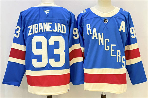 Men's New York Rangers 93 Mika Zibanejad Blue With A Patch Stitched Hockey Jersey