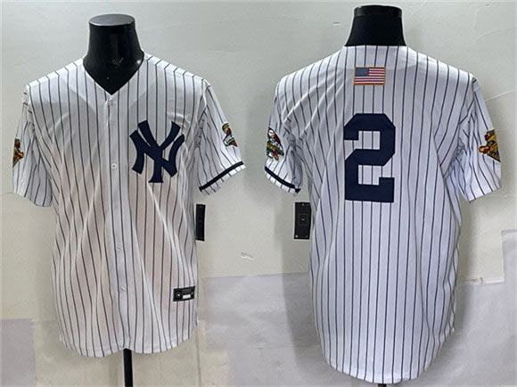 Men's New York Yankees 2 Derek Jeter White Strip World Series Limited Stitched Baseball Jersey