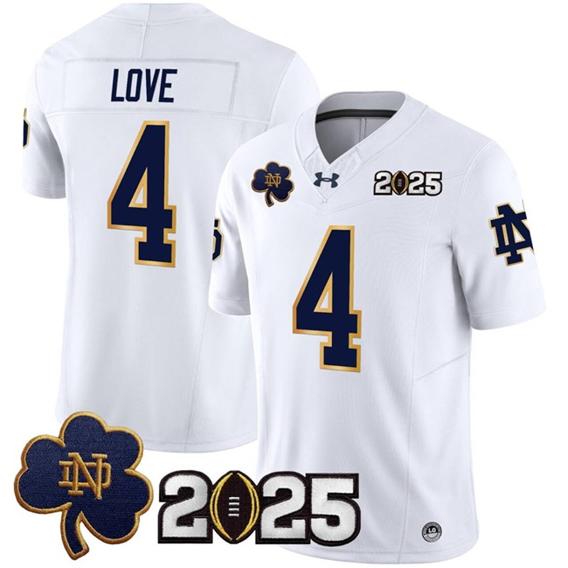 Men's Notre Dame Fighting Irish 4 Jeremiyah Love White F.U.S.E. 2025 CFP Final Patch Jersey