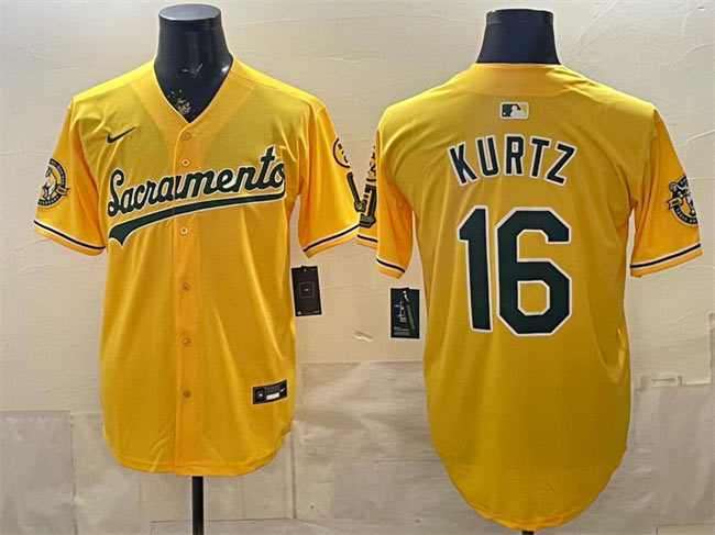 Men's Oakland Athletics 16 Nick Kurtz 2026 Yellow Alternate Sacramento Celebrating 125 Years Vapor Limited Stitched Baseball Jersey