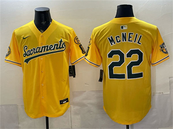 Men's Oakland Athletics 22 Jeff McNeil 2026 Yellow Alternate Sacramento Celebrating 125 Years Vapor Limited Stitched Baseball Jersey