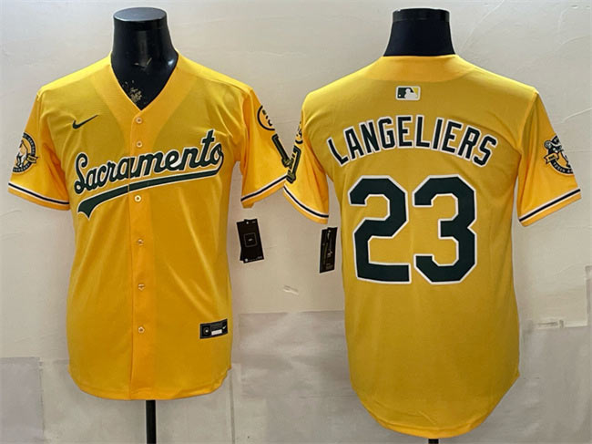 Men's Oakland Athletics 23 Shea Langeliers 2026 Yellow Alternate Sacramento Celebrating 125 Years Vapor Limited Stitched Baseball Jersey