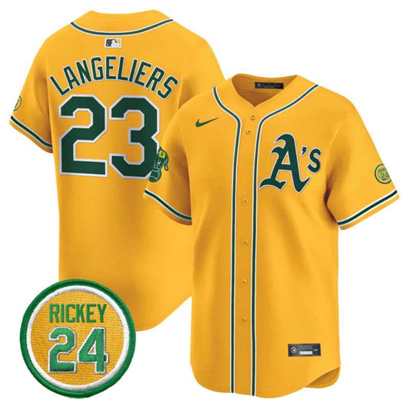 Men's Oakland Athletics 23 Shea Langeliers Yellow 2024 Limited With Rickey Henderson Patch Stitched Jersey