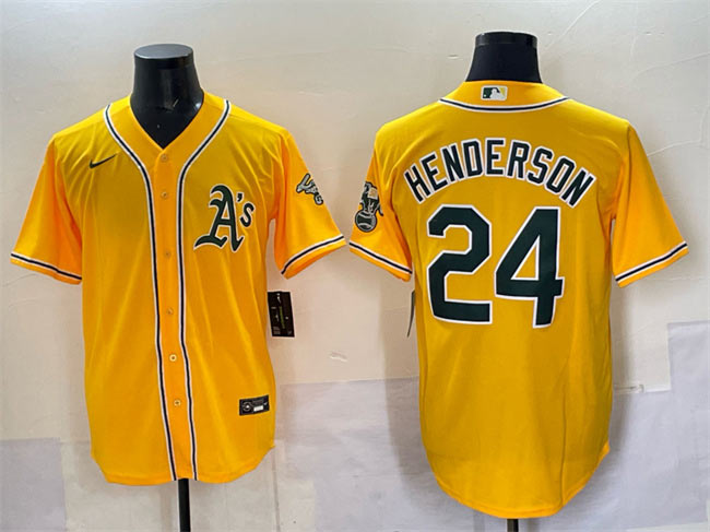 Men's Oakland Athletics 24 Rickey Henderson Yellow With Patch Stitched Baseball Jersey