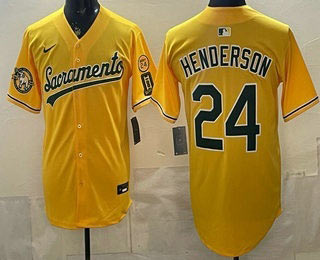 Men's Oakland Athletics 24 Ricky Henderson Yellow Limited Jersey