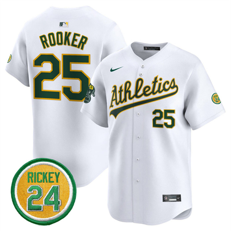 Men's Oakland Athletics 25 Brent Rooker White 2024 Home Limited With Rickey Henderson Patch Stitched Jersey