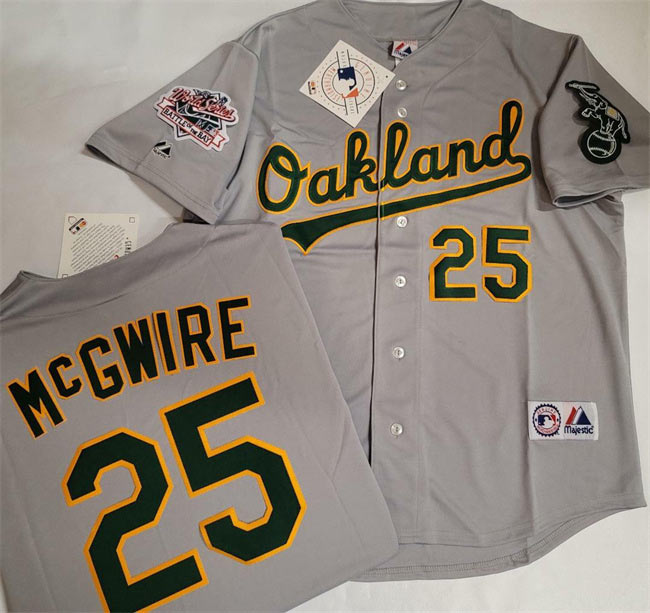 Men's Oakland Athletics 25 Mark McGwire Grey With Green Elephant & 1989 World Series Patch Battle of the Bay Stitched Baseball Jersey