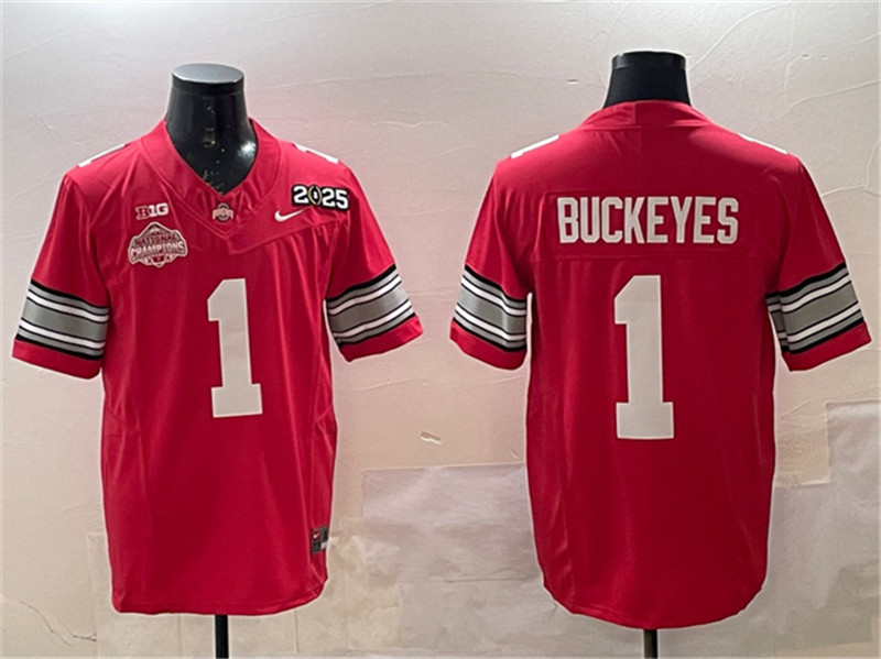 Men's Ohio State Buckeyes 1 Buckeyes Red 2025 CFP Final With National Champions Patch F.U.S.E. Vapor Limited Stitched Football Jersey