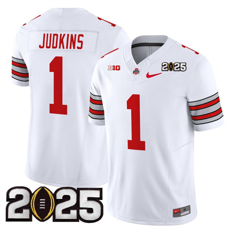 Men's Ohio State Buckeyes 1 Quinshon Judkins White 2025 CFP Final Patch F.U.S.E. Vapor Limited Stitched Football Jersey