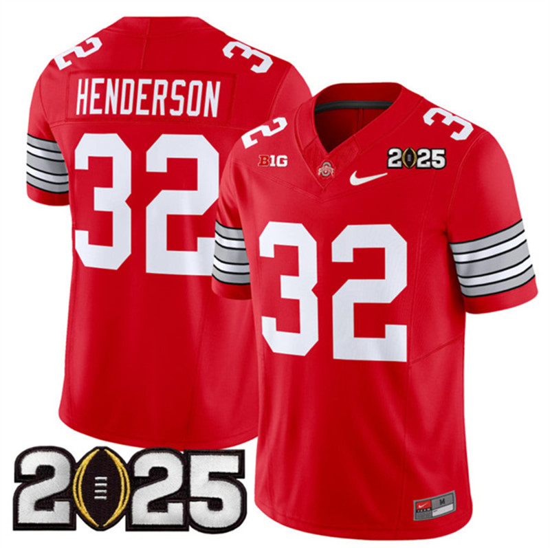 Men's Ohio State Buckeyes 32 TreVeyon Henderson Red 2025 CFP Final Patch F.U.S.E. Vapor Limited Stitched Football Jersey
