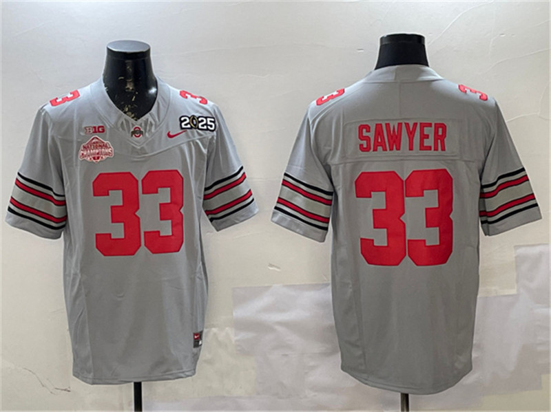 Men's Ohio State Buckeyes 33 Jack Sawyer Grey 2025 CFP Final With National Champions Patch F.U.S.E. Vapor Limited Stitched Football Jersey