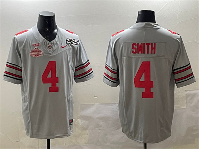 Men's Ohio State Buckeyes 4 Jeremiah Smith Grey 2025 CFP Final With National Champions Patch F.U.S.E. Vapor Limited Stitched Football Jersey