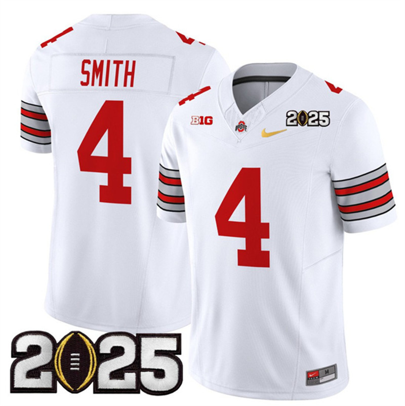 Men's Ohio State Buckeyes 4 Jeremiah Smith White Gold 2025 CFP Final Patch F.U.S.E. Vapor Limited Stitched Football Jersey