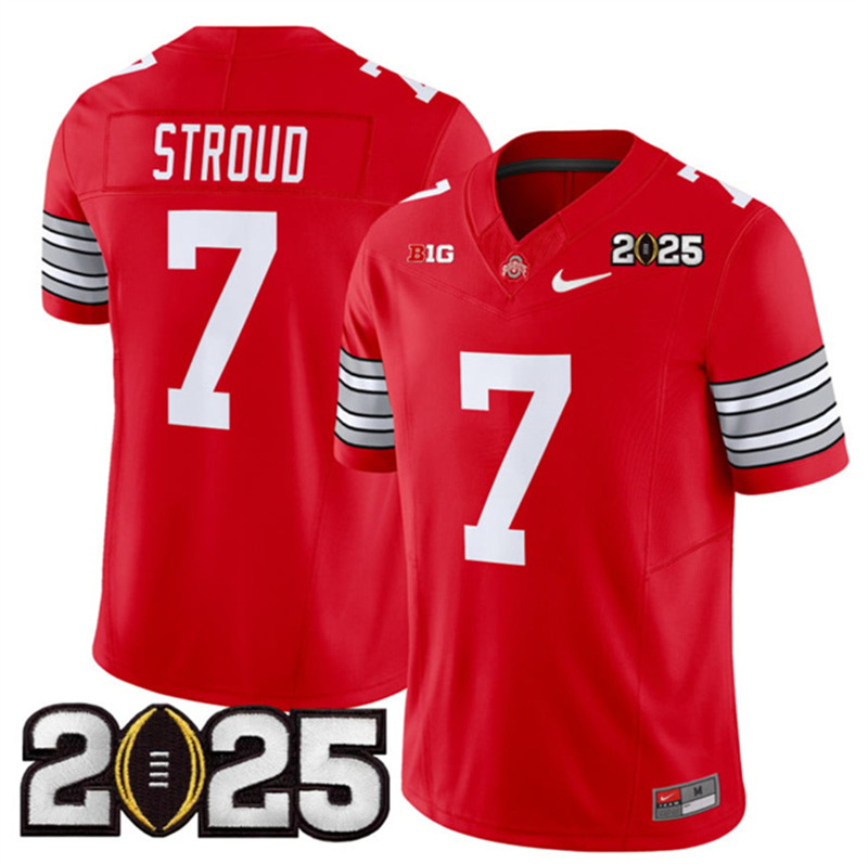 Men's Ohio State Buckeyes 7 C.J. Stroud Red 2025 CFP Final Patch F.U.S.E. Vapor Limited Stitched Football Jersey