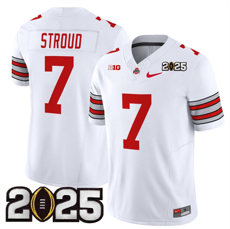 Men's Ohio State Buckeyes 7 C.J. Stroud White 2025 CFP Final Patch F.U.S.E. Vapor Limited Stitched Football Jersey