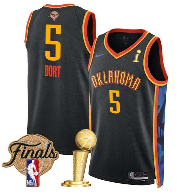 Men's Oklahoma City Thunder 5 Luguentz Dort Black 2025 Finals Patch And Finals Champions Patch City Edition Stitched Basketball Jersey