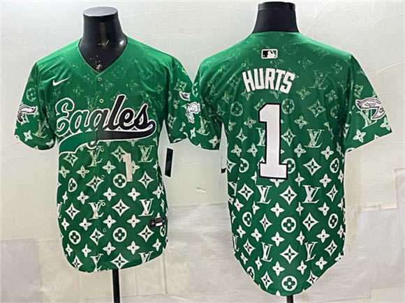 Men's Philadelphia Eagles 1 Jalen Hurts Green With Patch Limited Stitched Baseball Jersey