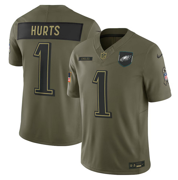 Men's Philadelphia Eagles 1 Jalen Hurts Olive 2025 Salute to Service Limited Football Stitched Jersey