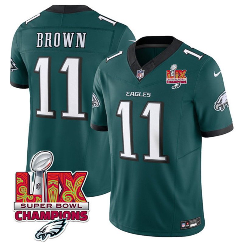 Men's Philadelphia Eagles 11 A.J. Brown Green 2025 Eagles Logo Super Bowl LIX Patch New F.U.S.E. Vapor Untouchable Limited Football Stitched Jersey