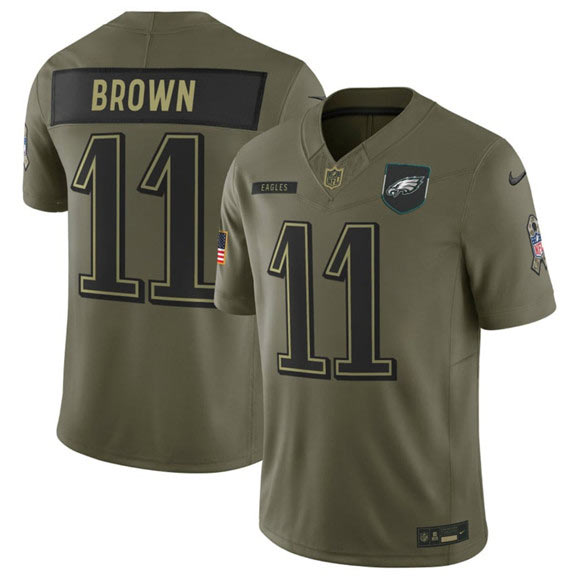 Men's Philadelphia Eagles 11 A.J. Brown Olive 2025 Salute to Service Limited Football Stitched Jersey