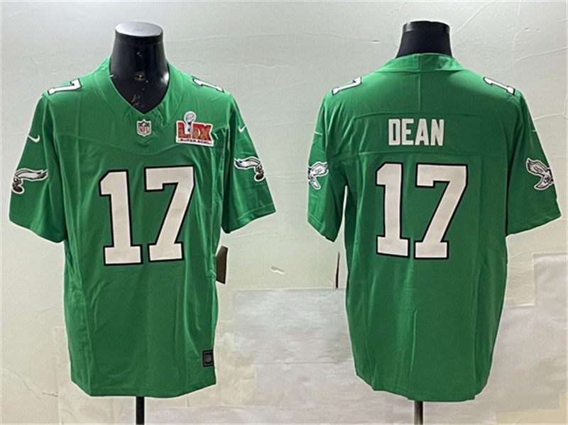 Men's Philadelphia Eagles 17 Nakobe Dean Green 2025 Super Bowl LIX Patch F.U.S.E. Throwback Vapor Untouchable Limited Stitched Football Jersey