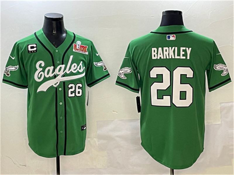 Men's Philadelphia Eagles 26 Saquon Barkley Green 2025 Super Bowl LIX And 3 Star C Patch Stitched Baseball Jersey
