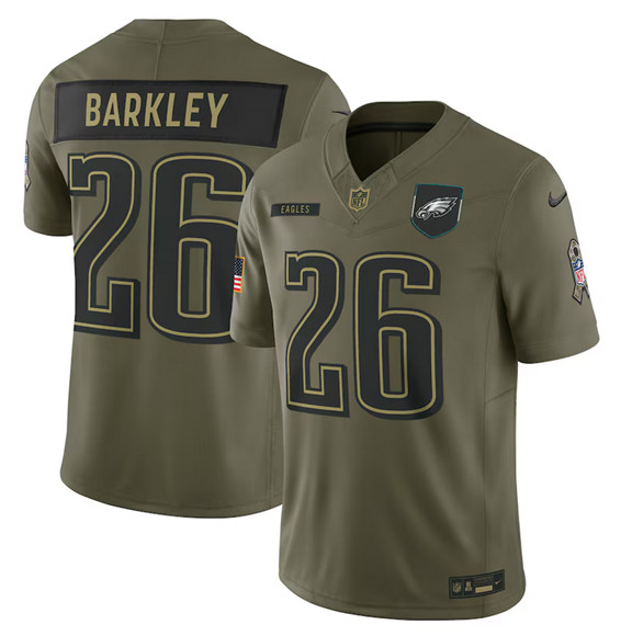 Men's Philadelphia Eagles 26 Saquon Barkley Olive 2025 Salute to Service Limited Football Stitched Jersey