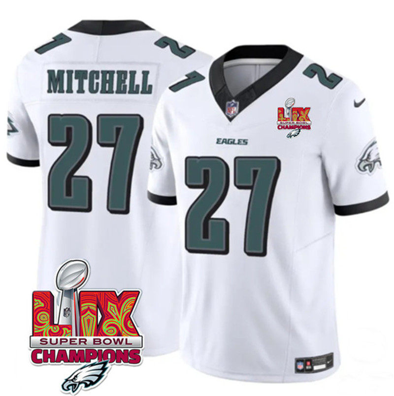 Men's Philadelphia Eagles 27 Quinyon Mitchell White 2025 Eagles Logo Super Bowl LIX Patch New F.U.S.E. Vapor Limited Football Stitched Jersey
