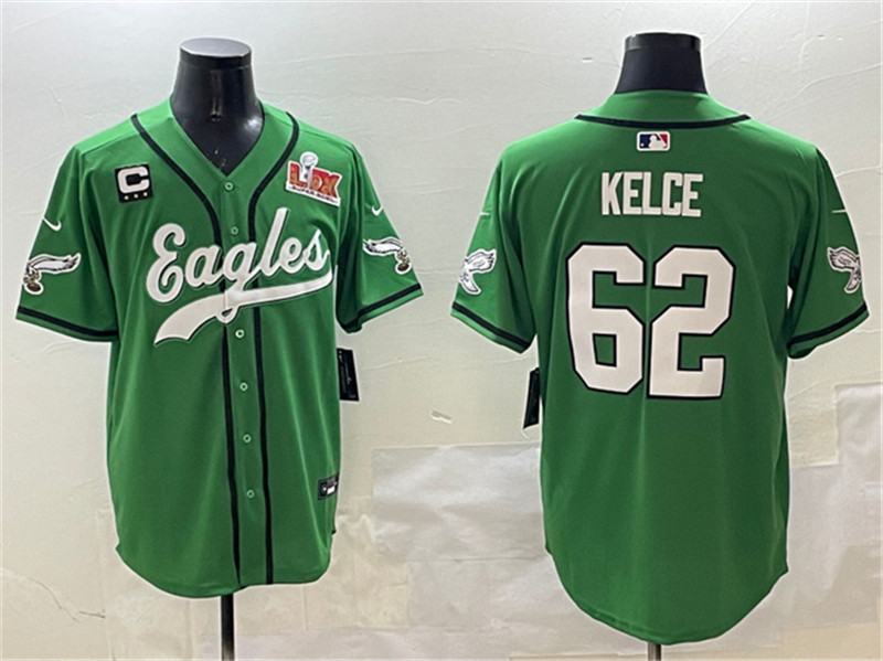 Men's Philadelphia Eagles 62 Jason Kelce Green 2025 Super Bowl LIX And 3 Star C Patch Stitched Baseball Jersey
