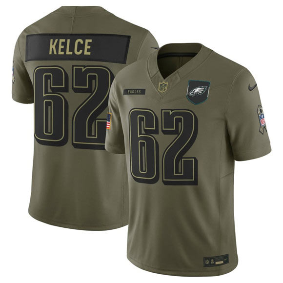 Men's Philadelphia Eagles 62 Jason Kelce Olive 2025 Salute to Service Limited Football Stitched Jersey