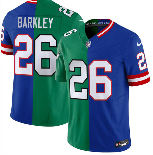 Men's Philadelphia Eagles x Giants 26 Saquon Barkley Green Royal Split F.U.S.E. Vapor Untouchable Limited Football Stitched Jersey
