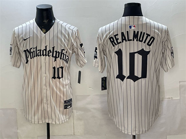 Men's Philadelphia Phillies 10 J.T. Realmuto Cream Pinstripe Gothic Vapor Limited Stitched Jersey