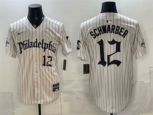 Men's Philadelphia Phillies 12 Kyle Schwarber Cream Pinstripe Gothic Vapor Limited Stitched Jersey