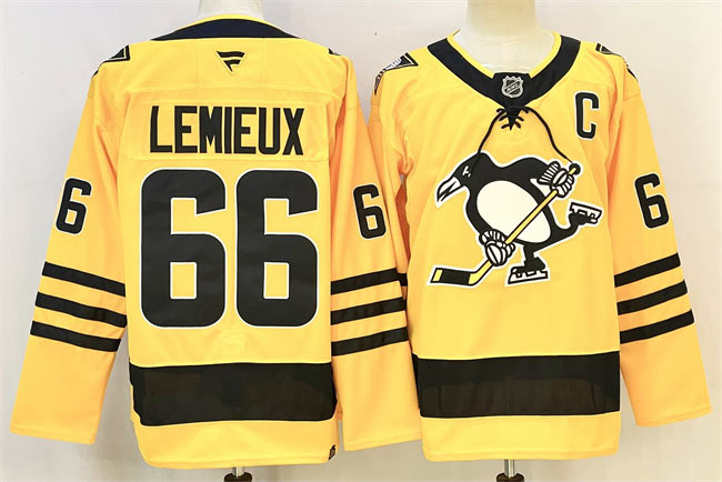 Men's Pittsburgh Penguins 66 Mario Lemieux Gold 2025 26 With C Patch Alternate Stitched Hockey Jersey
