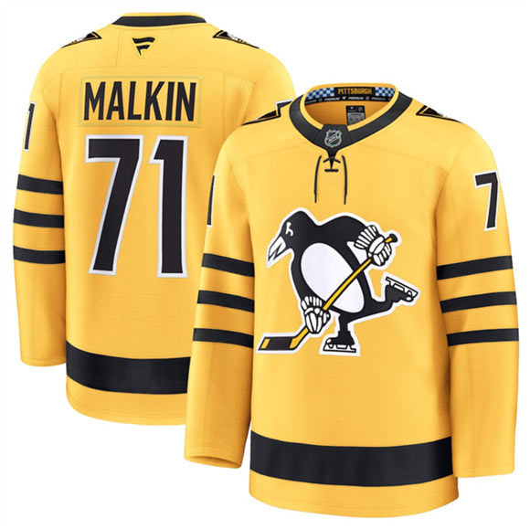 Men's Pittsburgh Penguins 71 Evgeni Malkin Gold 2025 Alternate Stitched Hockey Jersey