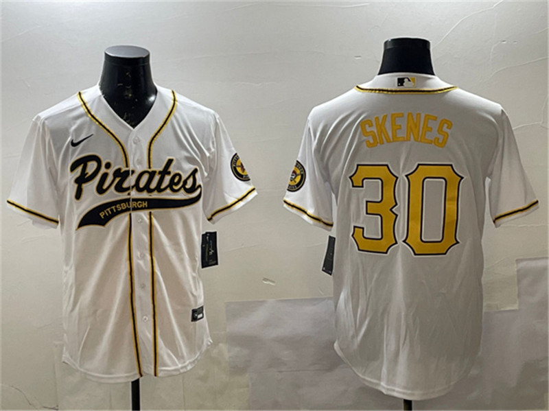 Men's Pittsburgh Pirates 30 Paul Skenes White Cool Base Stitched Baseball Jersey