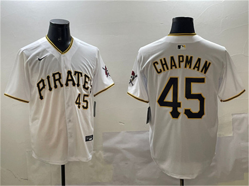 Men's Pittsburgh Pirates 45 Aroldis Chapman White Home Limited Stitched Baseball Jersey