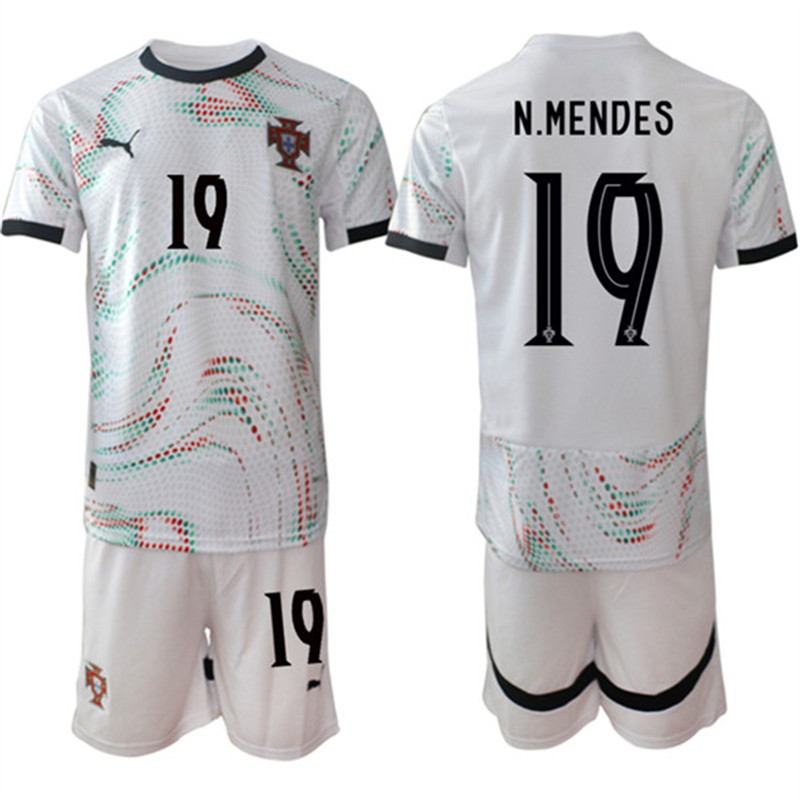 Men's Portugal Team 19 Nuno Mendes 2025 White Away Soccer Jersey Suit