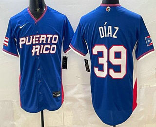 Men's Puerto Rico 39 Edwin Diaz Blue 2026 World Baseball Classic Cool Base Jersey