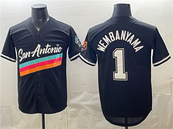 Men's San Antonio Spurs 1 Victor Wembanyama Black Stitched Baseball Jersey