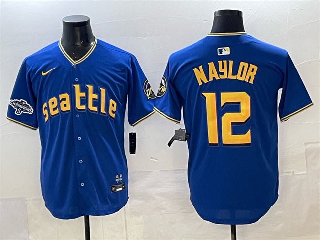 Men's Seattle Mariners 12 Josh Naylor Royal With 2025 AL West Division Champions Patch Limited Stitched jersey