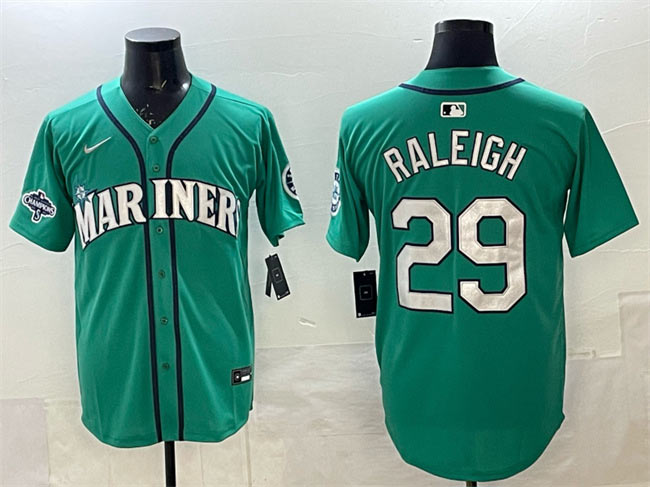 Men's Seattle Mariners 29 Cal Raleigh Aqua With 2025 AL West Division Champions Patch Limited Stitched jersey