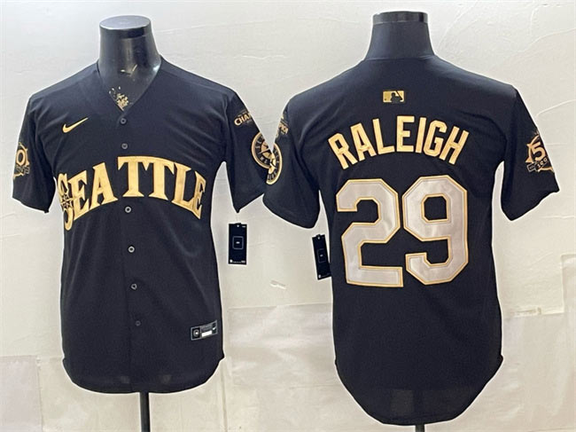 Men's Seattle Mariners 29 Cal Raleigh Black Gold 50th Anniversary & AL West Division Champions Patch Vapor Limited Stitched Baseball Jersey