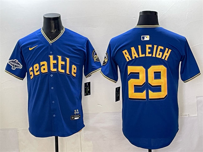 Men's Seattle Mariners 29 Cal Raleigh Royal With 2025 AL West Division Champions Patch City Connect Limited Stitched Baseball Jersey
