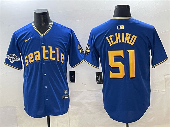 Men's Seattle Mariners 51 Ichiro Suzuki Royal With 2025 AL West Division Champions Patch Limited Stitched jersey