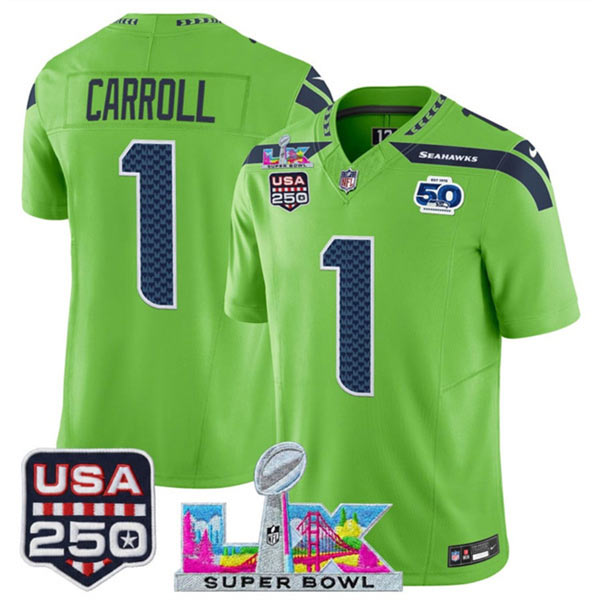 Men's Seattle Seahawks 1 Pete Carroll Green 2025 F.U.S.E. Super Bowl LX Patch And 50th Season & USA 250' Patch Vapor Limited Football Stitched Jersey