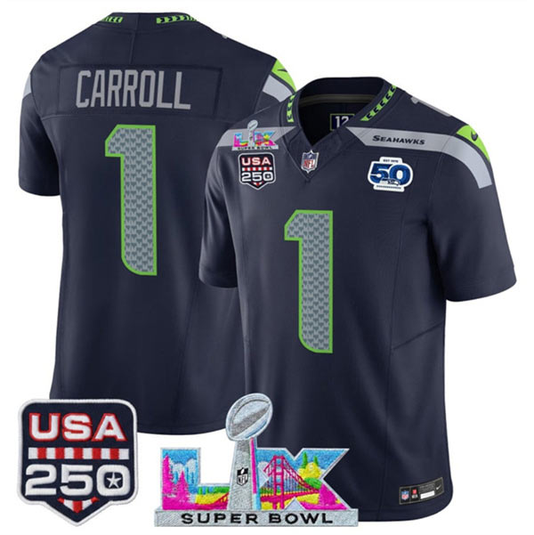 Men's Seattle Seahawks 1 Pete Carroll Navy 2025 F.U.S.E. Super Bowl LX Patch And 50th Season & USA 250' Patch Vapor Limited Football Stitched Jersey
