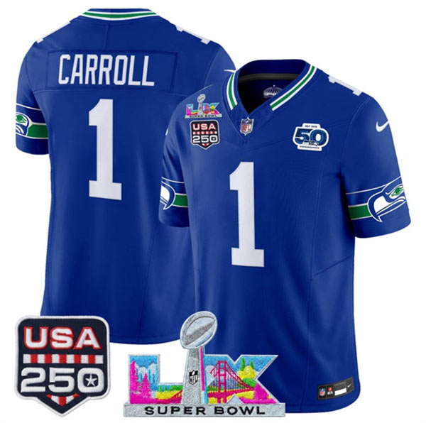 Men's Seattle Seahawks 1 Pete Carroll Royal 2025 F.U.S.E. Super Bowl LX Patch And 50th Season & USA 250' Patch Vapor Throwback Limited Football Stitched Jersey