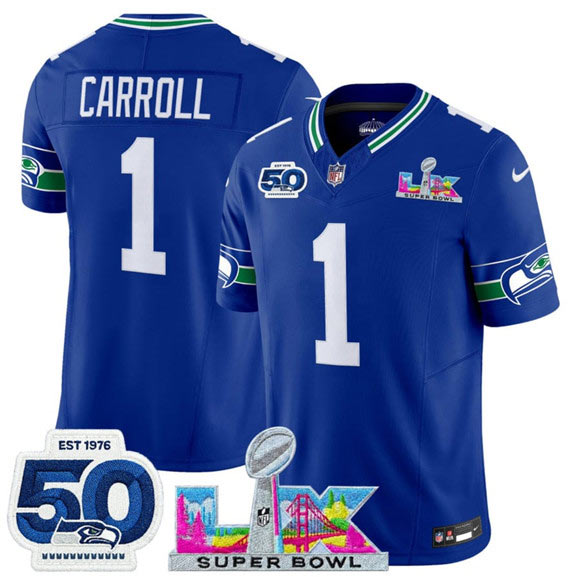 Men's Seattle Seahawks 1 Pete Carroll Royal 2025 F.U.S.E. Super Bowl LX Patch And 50th Season Patch Vapor Throwback Limited Football Stitched Jersey