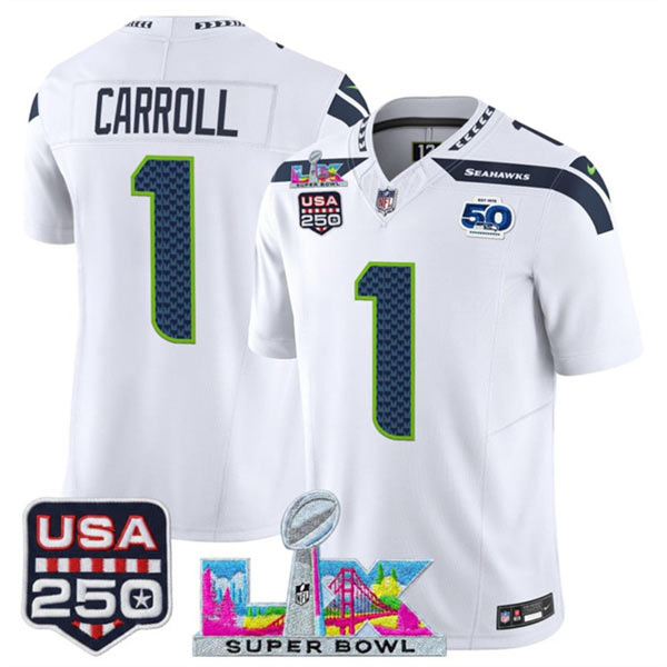 Men's Seattle Seahawks 1 Pete Carroll White 2025 F.U.S.E. Super Bowl LX Patch And 50th Season & USA 250' Patch Vapor Limited Football Stitched Jersey